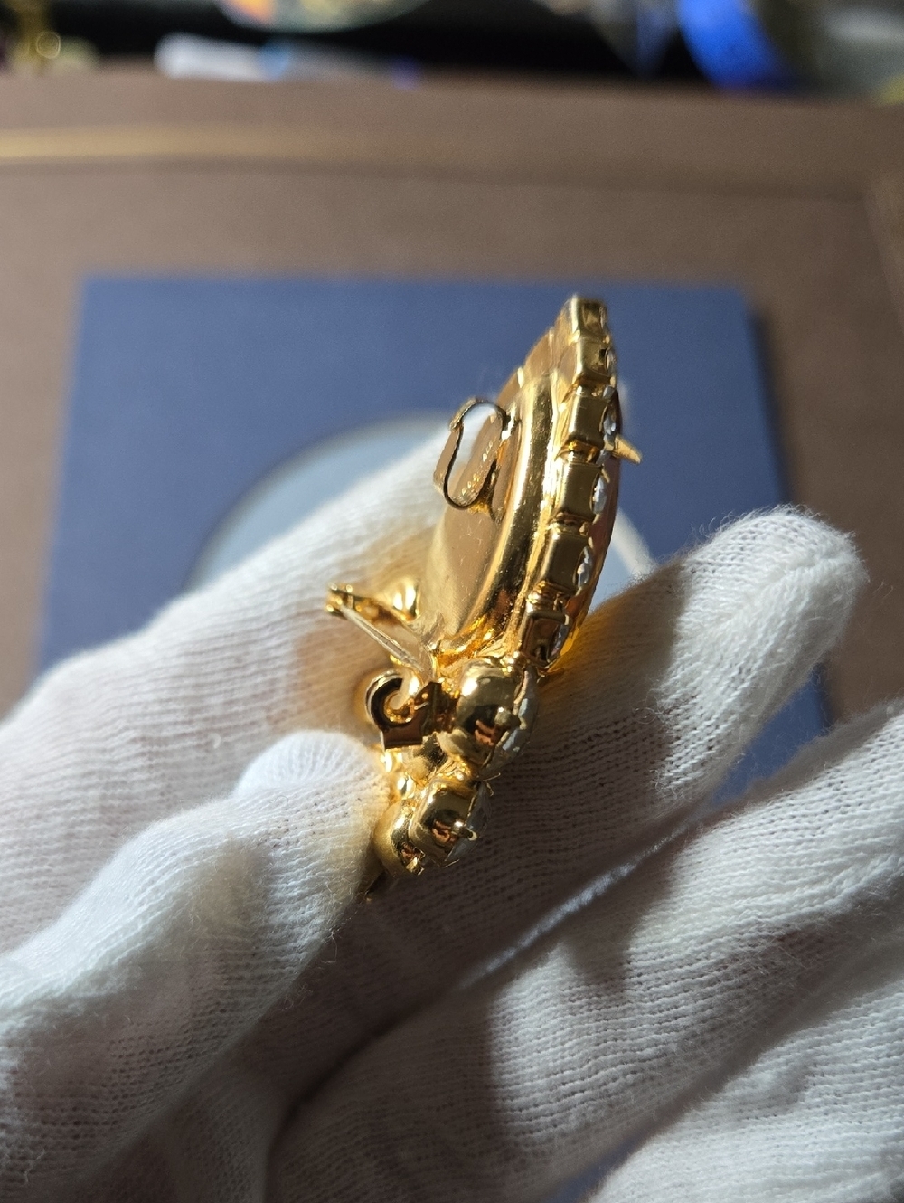 Gold-Tone Amber Teardrop & Clear Crystal Cluster Brooch Necklace Pendent - Picture 5 of 12